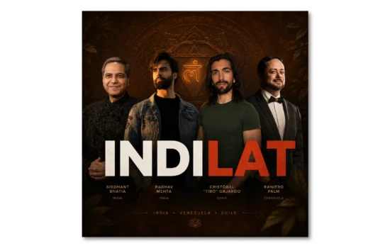 IndiLat artists performing Muévete, blending Indian classical instruments and Latin American percussion.