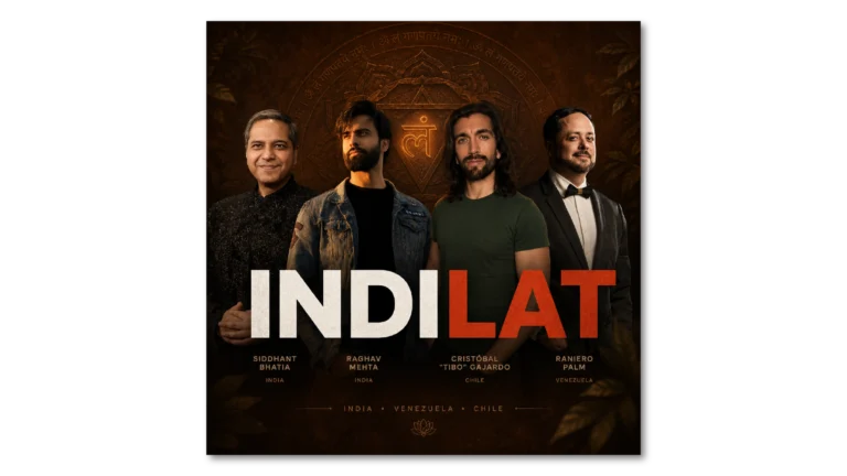 IndiLat artists performing Muévete, blending Indian classical instruments and Latin American percussion.